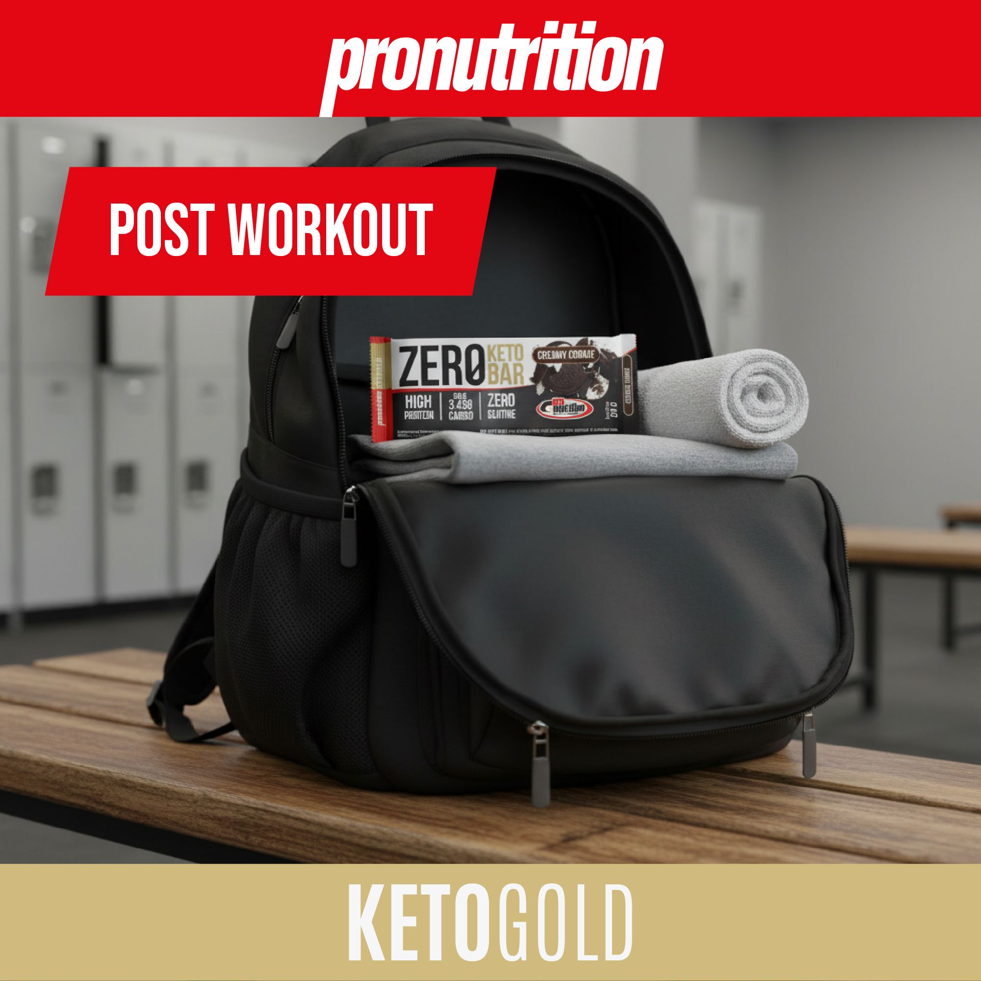Barretta in uno zaino con un asciugamano. Scritta: ZERO KETO BAR. Marchio: Pronutrition. Testo: POST WORKOUT, KETOGOLD.