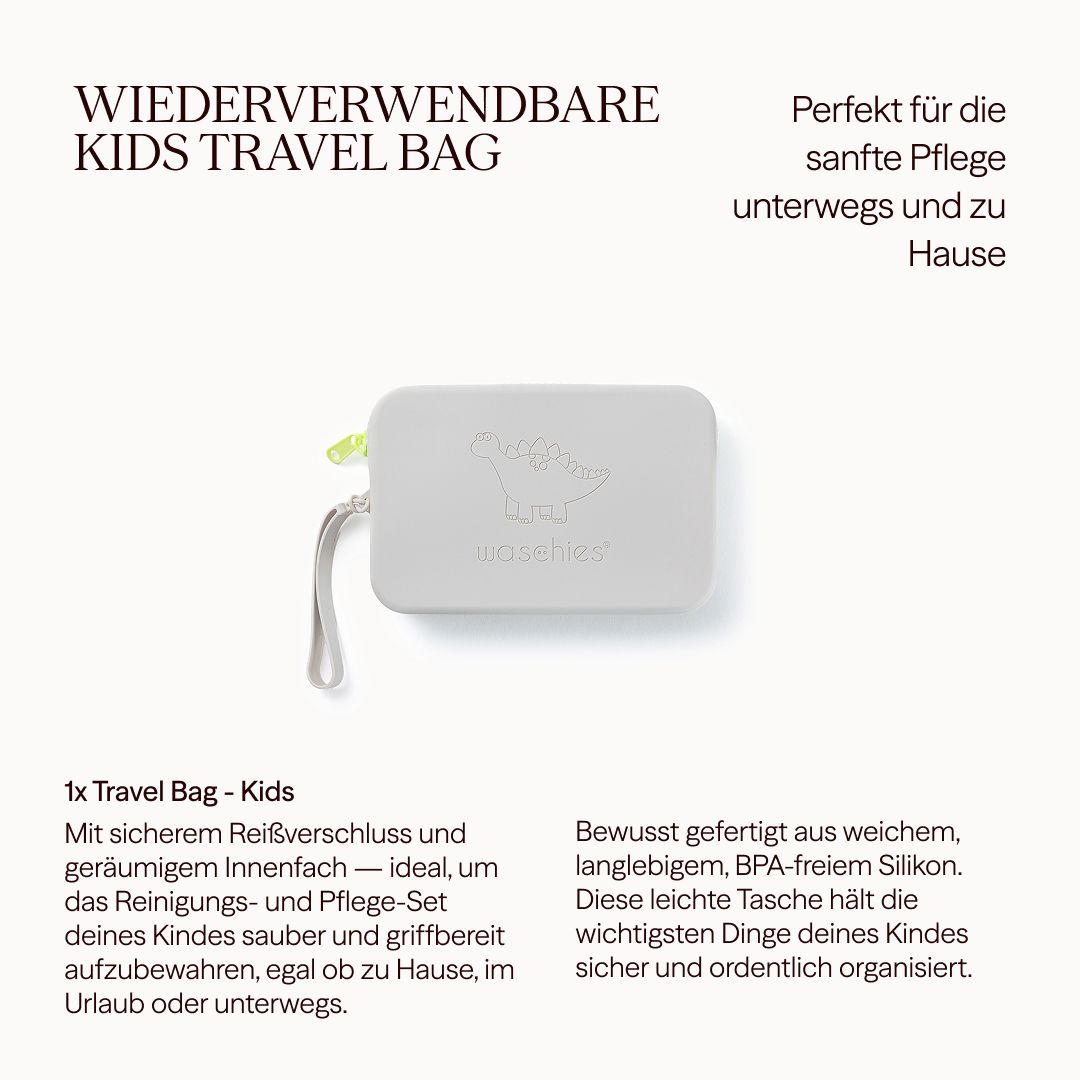 Custodia grigia con dinosauro, zip e manico. Testo: "Kids Travel Bag".