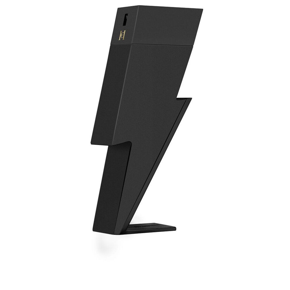 Flacone nero a forma di fulmine. Logo dorato su un lato.