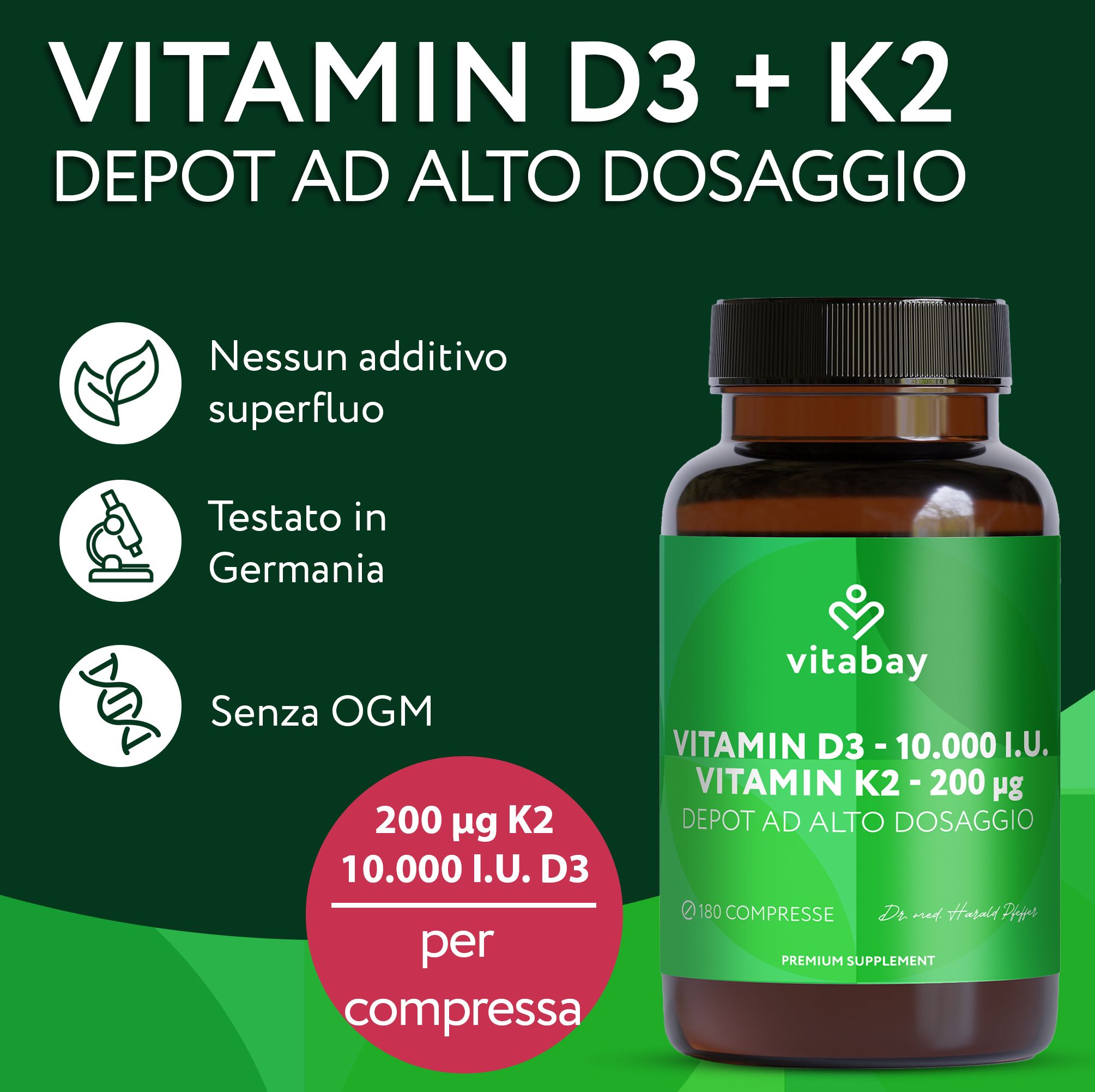 Vitabay Vitamina D3 + K2 Depot ad alto dosaggio. Senza additivi, testato in Germania.