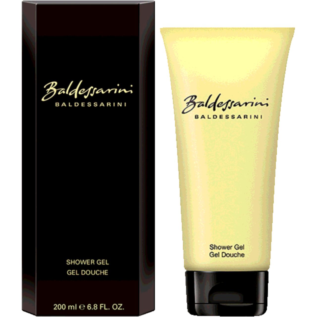 Tubo giallo e confezione nera. Scritta Baldessarini. Scritta: Shower Gel, Gel Douche. 200 ml.