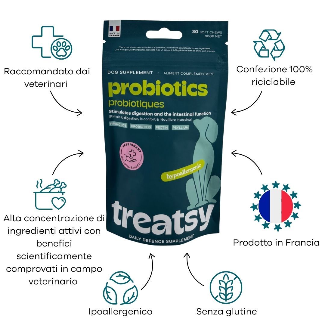 Sacchetto di probiotici per cani, ipoallergenico, senza glutine, 30 pezzi.