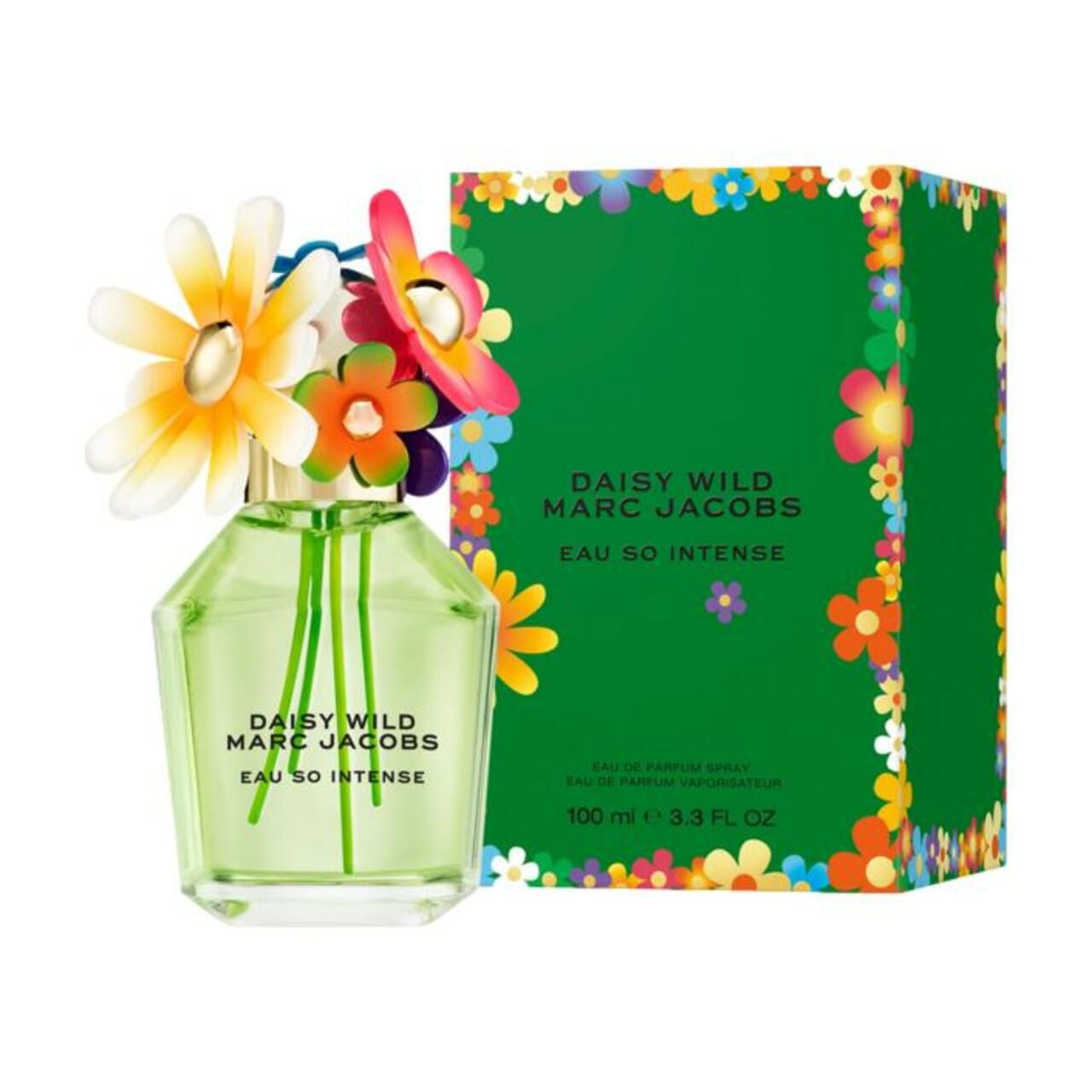 Flacone di profumo verde e scatola con motivi floreali. Scritta: Daisy Wild, Marc Jacobs, Eau So Intense.