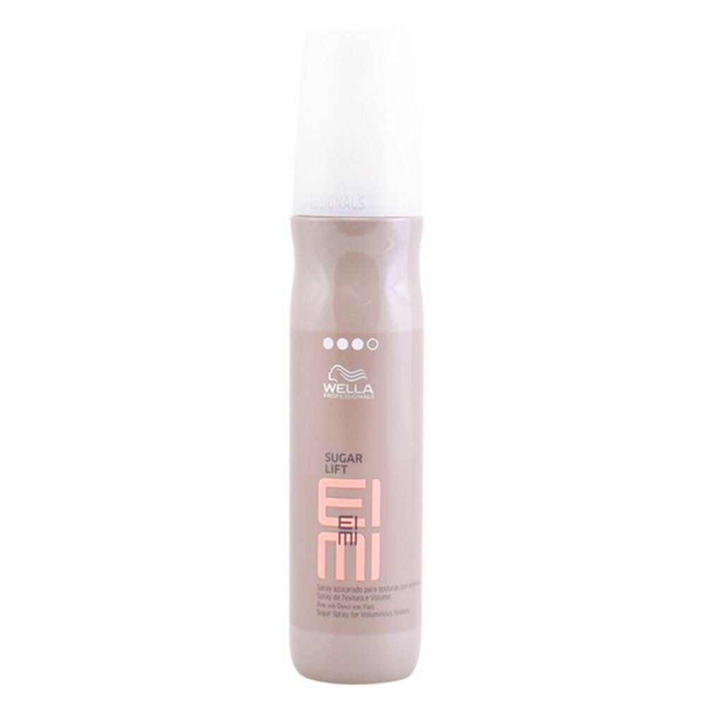 Flacone spray per capelli con erogatore bianco. Scritta: Wella Eimi Sugar Lift. Colori rosa e grigio.