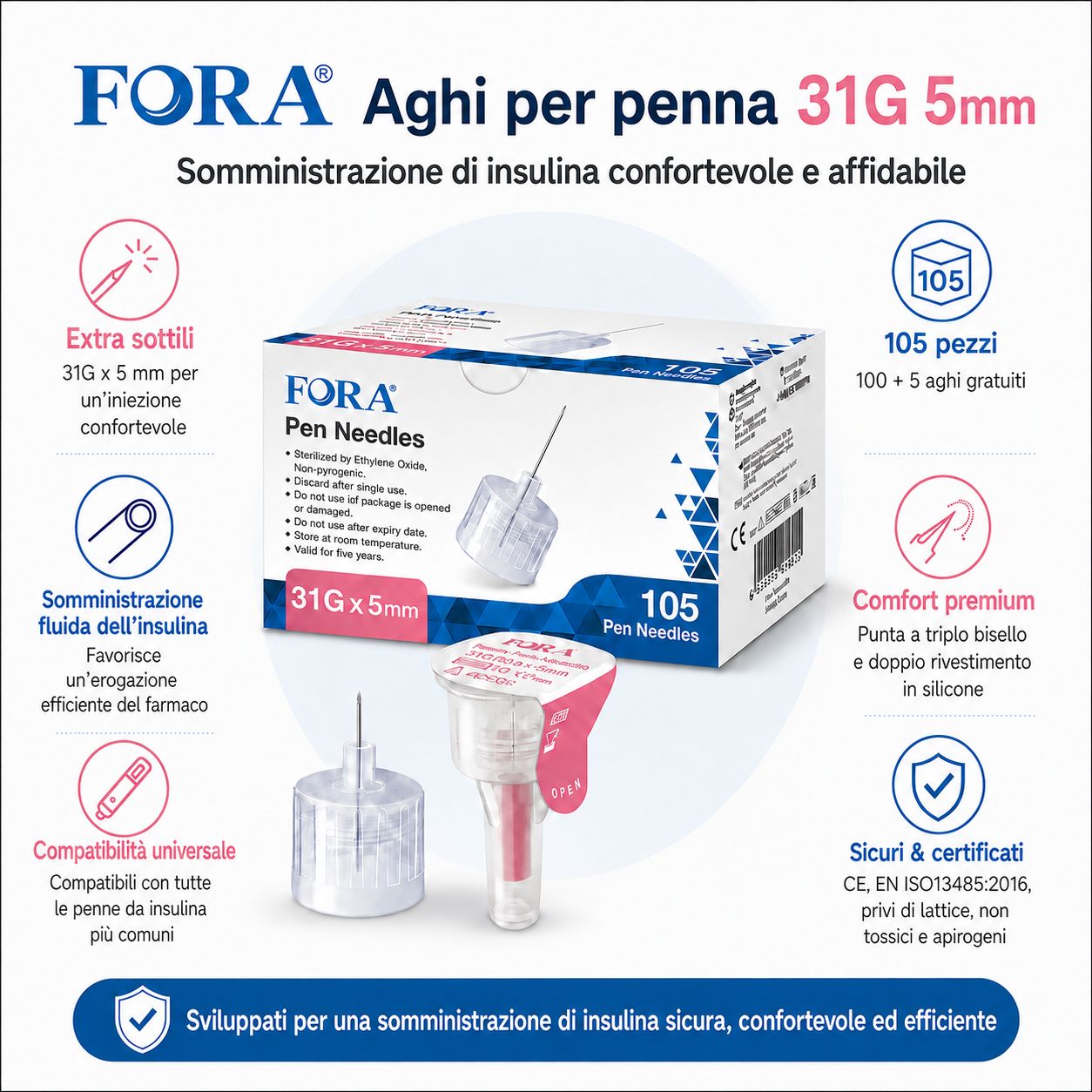 Aghi penna FORA 31G 5mm: Extra sottili, fluidi, compatibilità universale. 105 pezzi. Certificati CE, ISO13485.