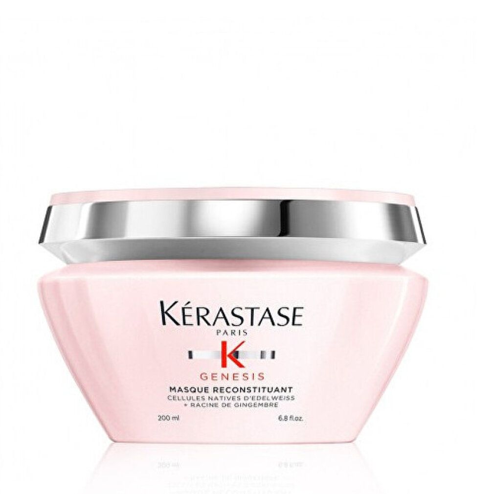 Vaso rosa con coperchio argentato. Testo: Kérastase, Genesis, Masque Reconstituant, 200ml.