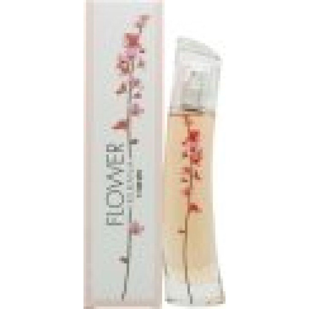 Flacone di profumo e confezione. Flacone con design floreale, scritta Flower by Kenzo. Confezione con motivo floreale e scritta.
