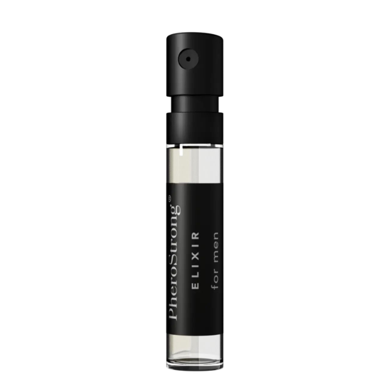 Flacone con vaporizzatore nero. Scritta: PheroStrong Elixir for men. Contenitore trasparente con liquido.