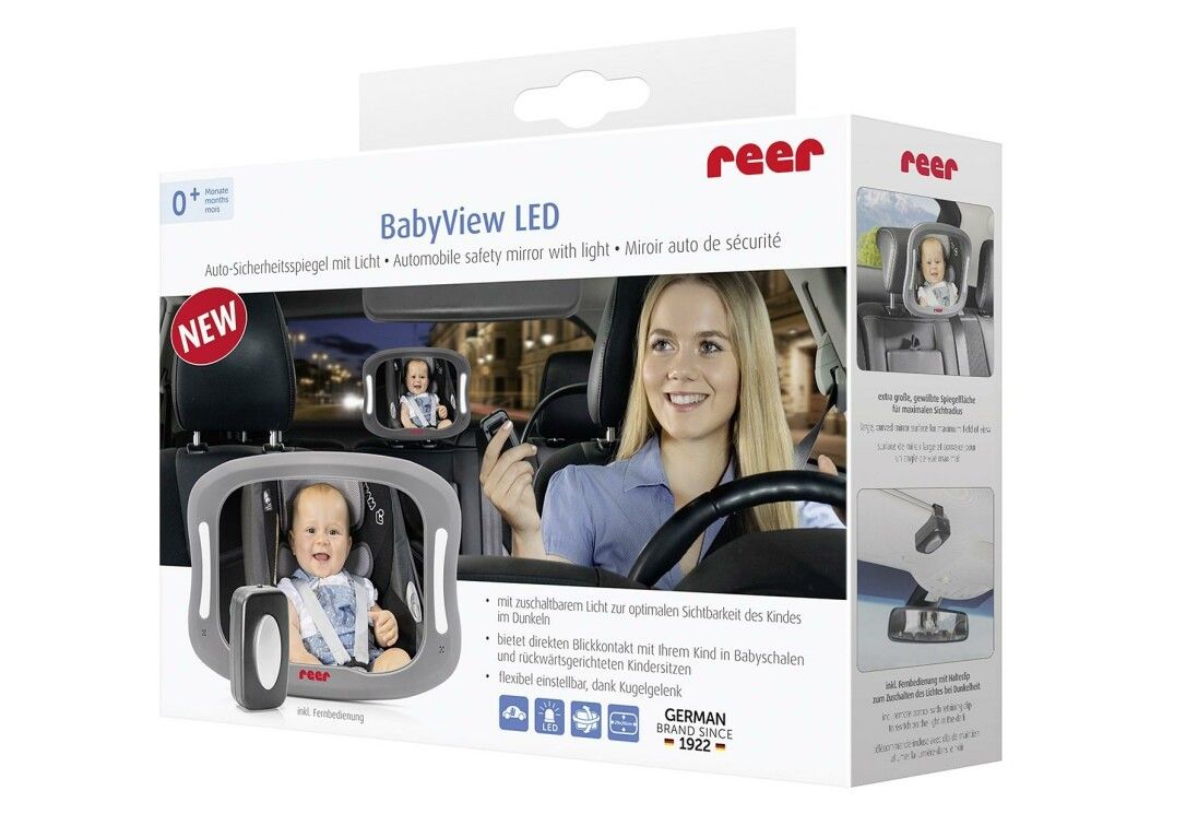 Confezione reer BabyView LED. Specchietto, donna alla guida, bambino nel seggiolino.