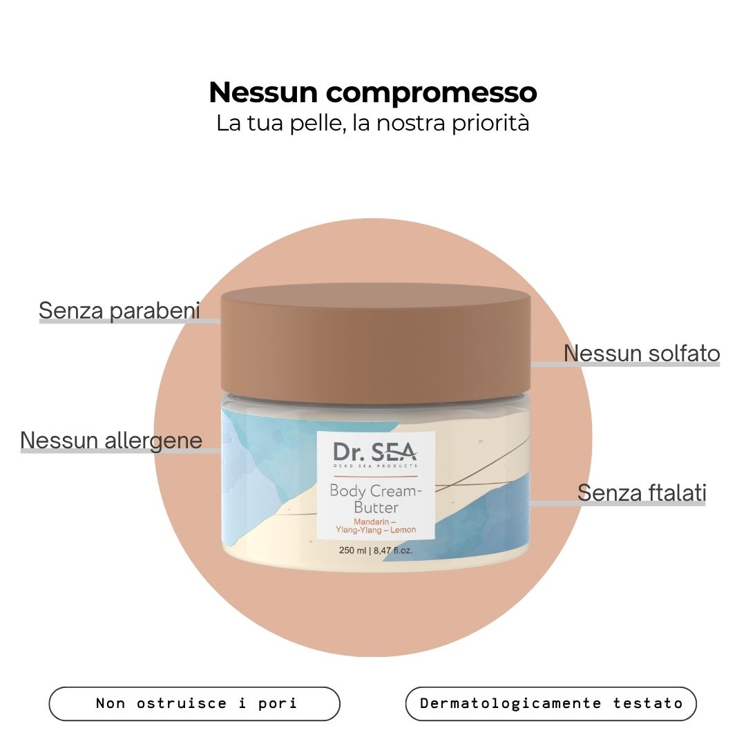 Vasetto di prodotto con testo. Testo: Senza parabeni, Senza solfati, Senza allergeni, Senza ftalati. Dermatologicamente testato.