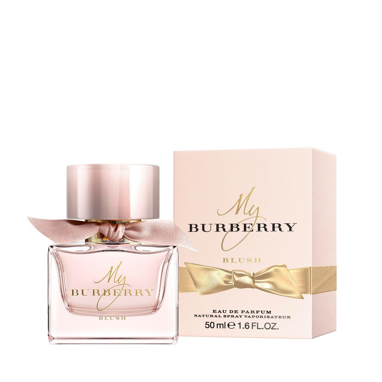 Burberry My Burberry Blush E.d.P. Nat. Spray. Flacone e confezione. Flacone rosa, tappo e fiocco rosa. Scritta dorata.