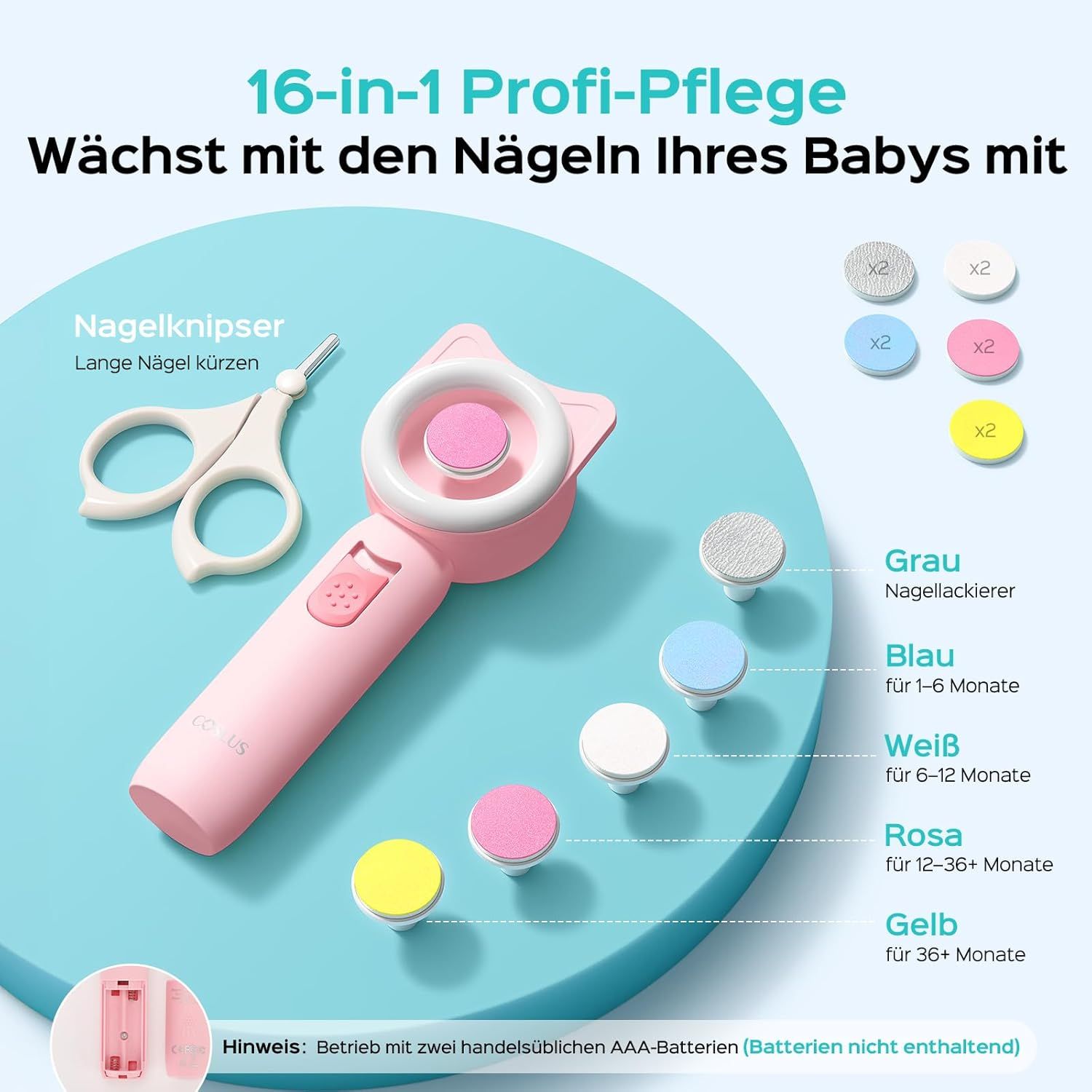 Set manicure rosa con accessori. Forbici per unghie, testine abrasive di diversi colori. Vano batteria.