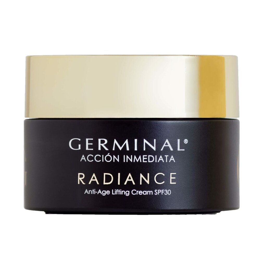 Vasetto nero con coperchio dorato. Scritta: GERMINAL, ACCIÓN INMEDIATA, RADIANCE, Anti-Age Lifting Cream SPF30.