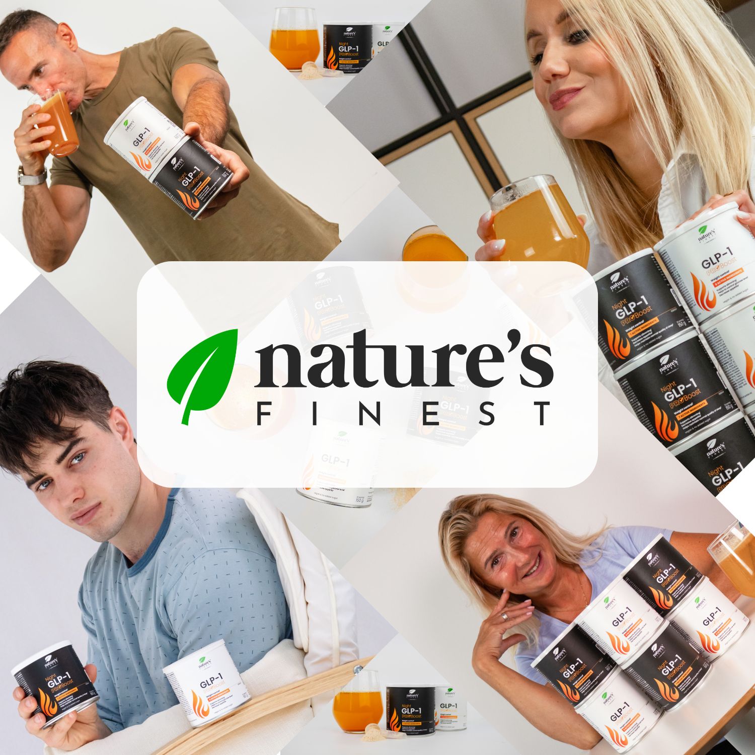 Collage di persone che bevono bevande e tengono barattoli di Night GLP-1 ProBoost. Logo Nature's Finest.