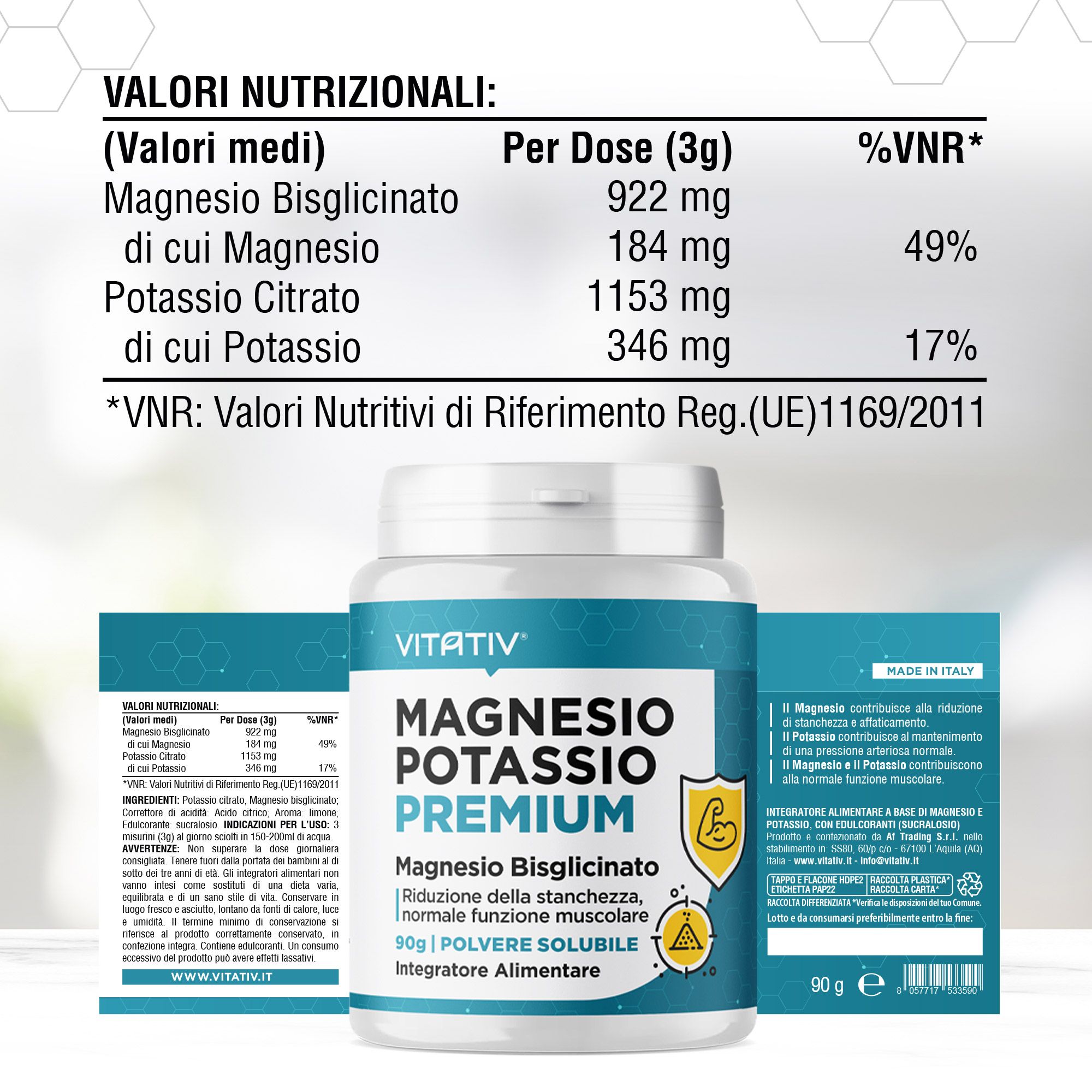 Tabella nutrizionale con informazioni su Vitativ Magnesio Potassio Premium. Contiene magnesio e potassio.
