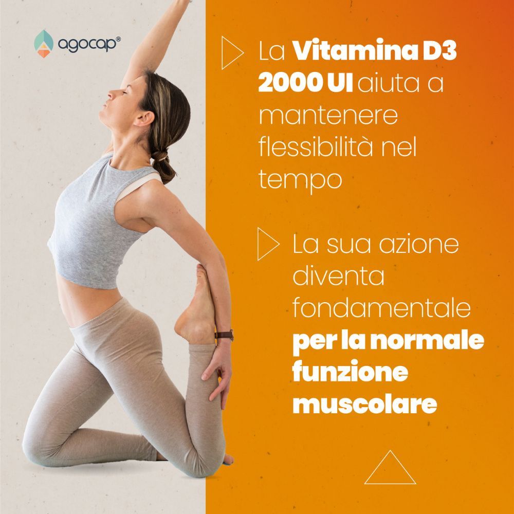 Donna in posa yoga. Testo: La Vitamina D3 2000 UI aiuta a mantenere flessibilità nel tempo. La sua azione diventa fondamentale per la normale funzione muscolare.
