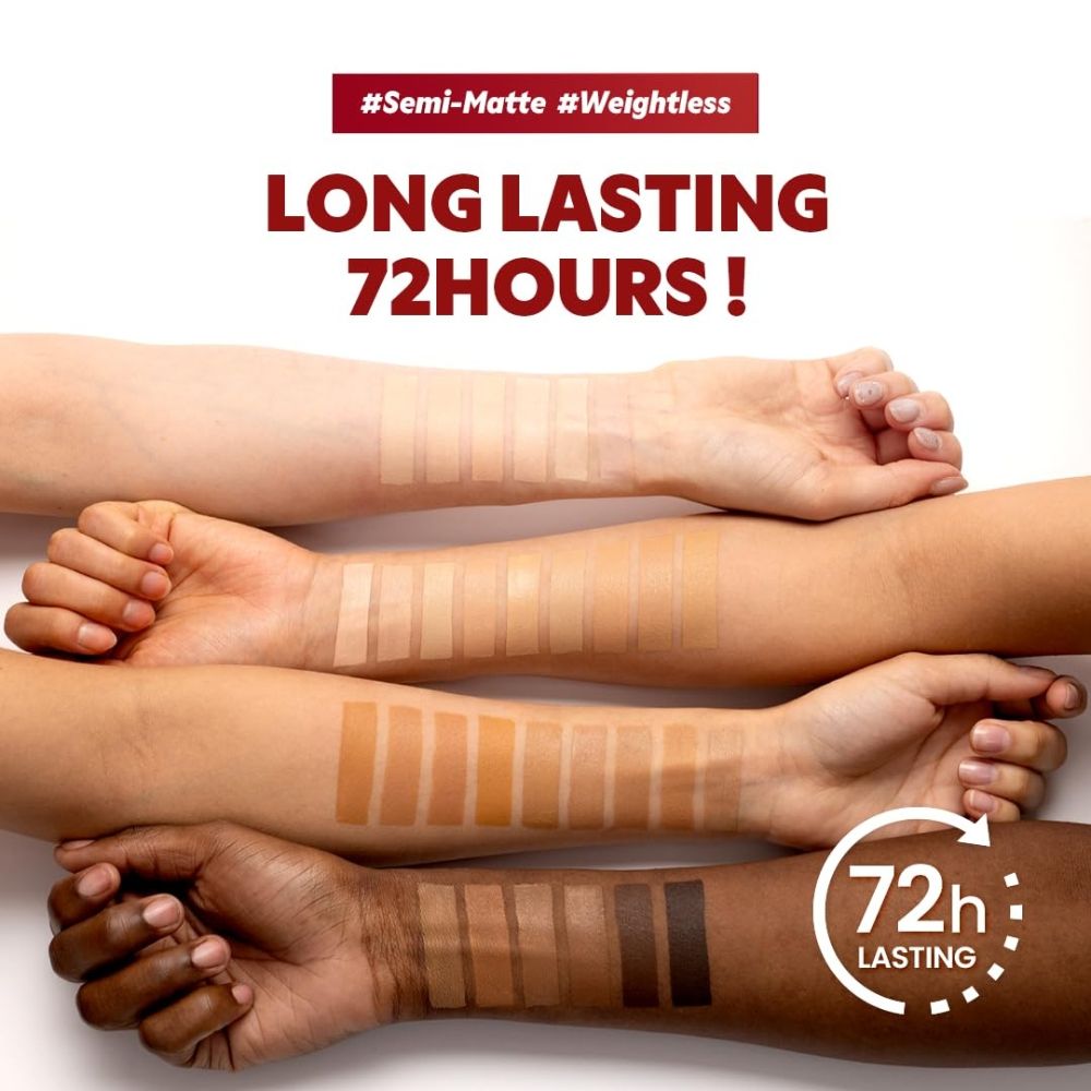 Braccia con diverse tonalità di pelle. Trucco applicato in diverse tonalità. Testo: Long Lasting 72 HOURS!
