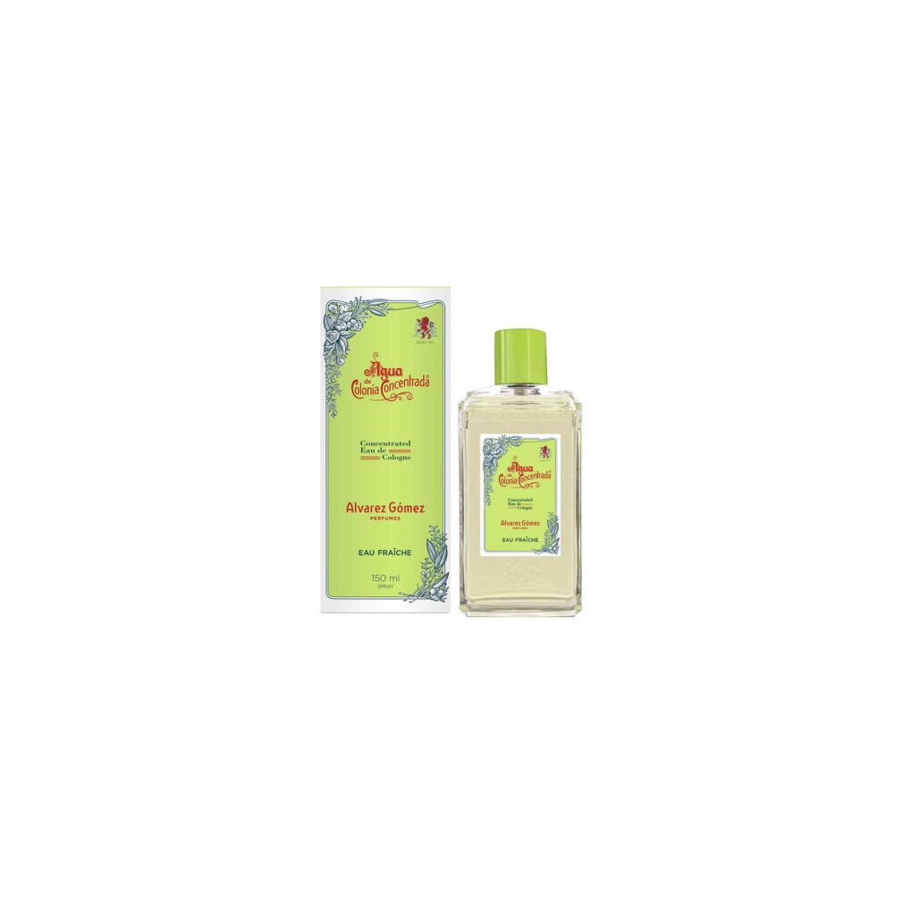 Flacone e scatola cilindrica di Alvarez Gómez Eau de Cologne. Etichetta verde e bianca, tappo verde. Scritta: Eau Fraîche.