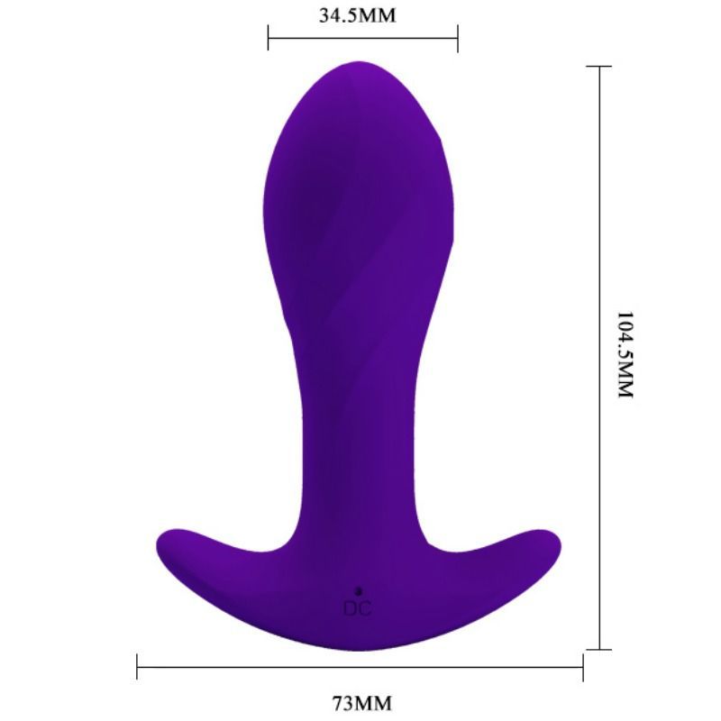 Vibratore anale viola con base a T. Dimensioni: 104,5 mm di altezza, 73 mm di larghezza, 34,5 mm di diametro.