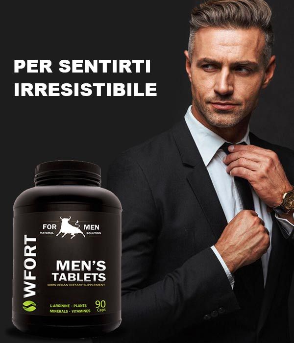 Flacone nero con "MEN'S TABLETS" e un uomo sullo sfondo. Contiene 90 capsule.