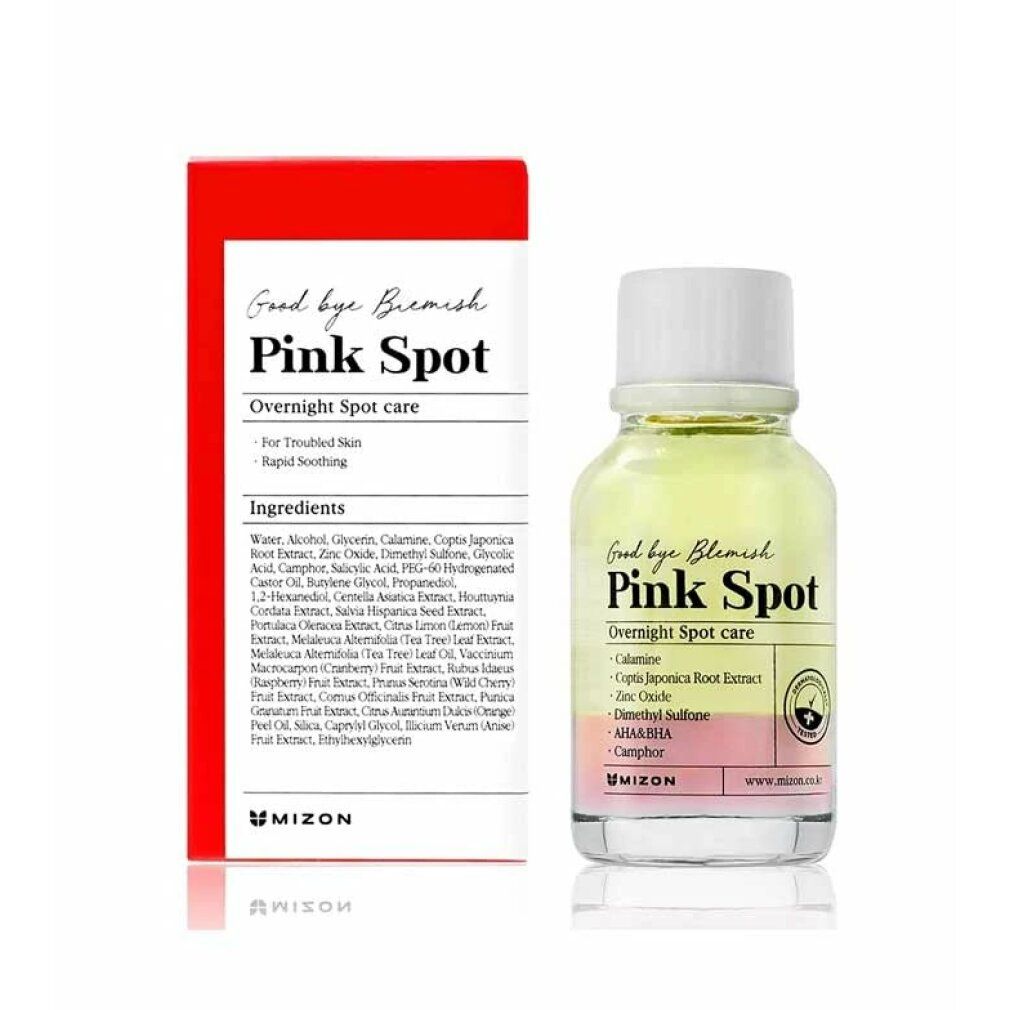 Flacone con liquido rosa e confezione rossa. Scritta: Good bye Blemish Pink Spot. Contiene ingredienti come la calamina.