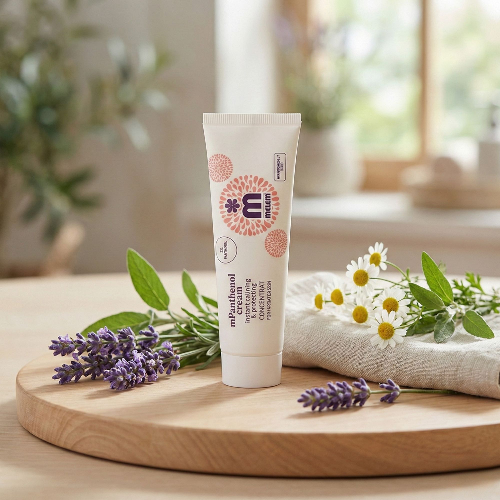 Tubo di crema con nome e logo del prodotto. Su tagliere di legno con lavanda, camomilla e salvia.