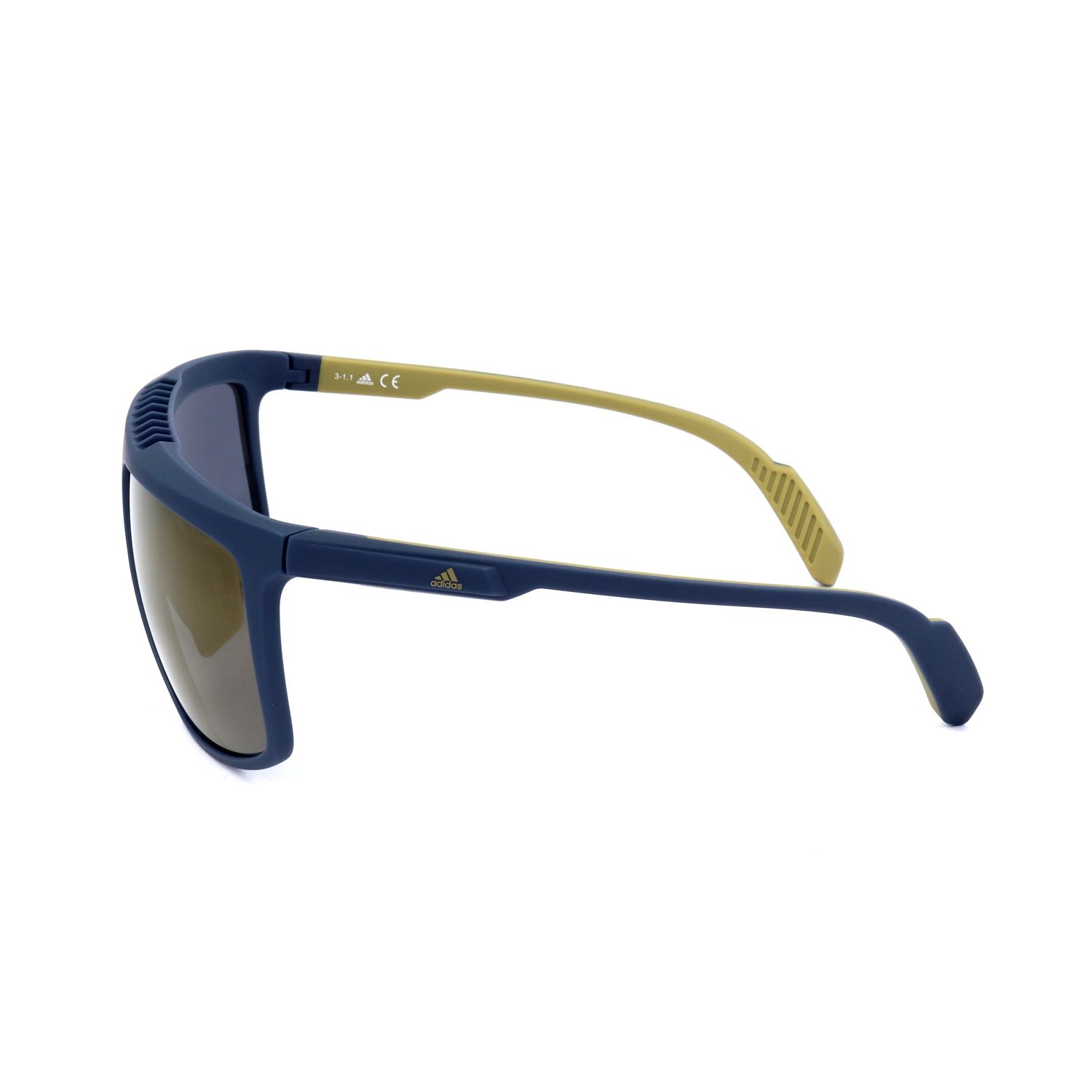 Occhiali da sole sportivi blu con lenti marroni e logo Adidas.