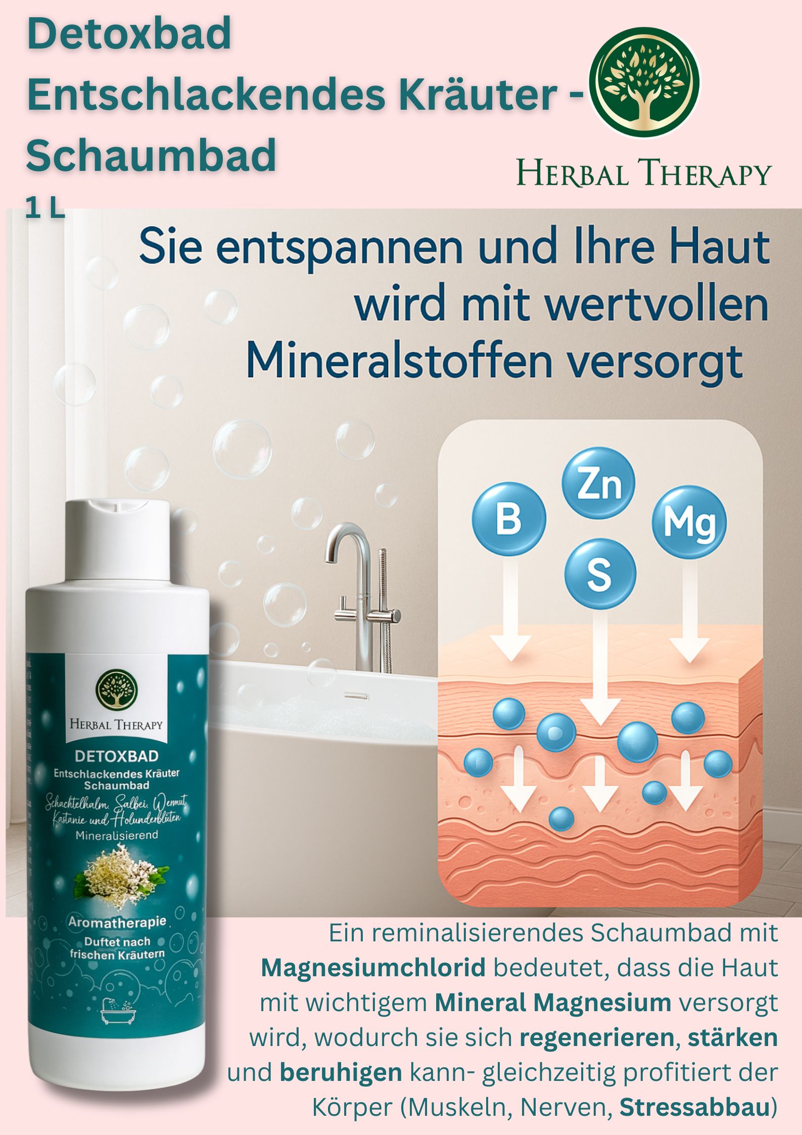 Bottiglia verde con tappo bianco. Etichetta con nome del prodotto, erbe e logo. Testo: Detoxbad, bagno schiuma alle erbe, aromaterapia. 1L.