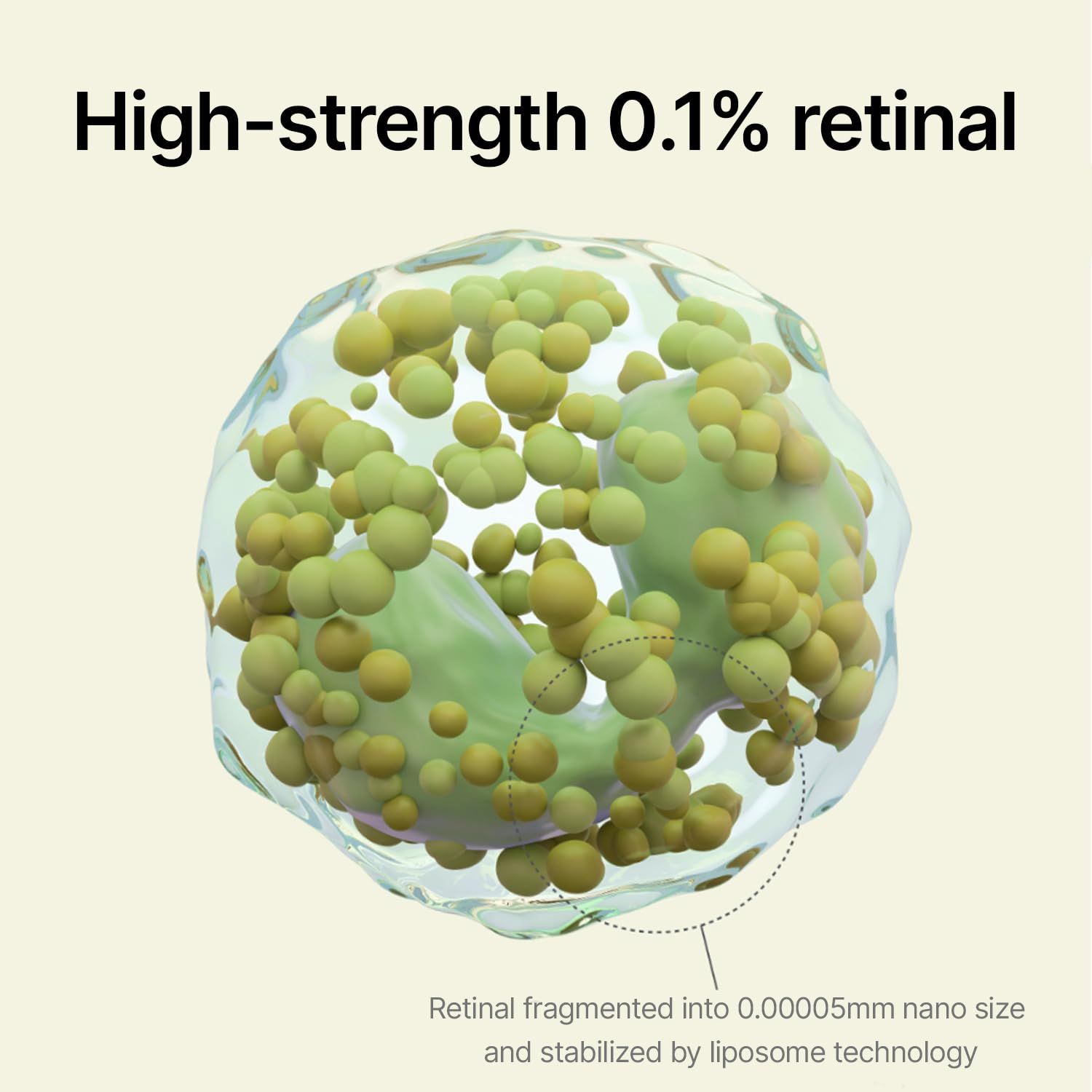 Primo piano di una cellula con particelle di retinolo. Testo: retinolo 0,1% ad alta concentrazione. Stabilizzato dalla tecnologia liposomiale.