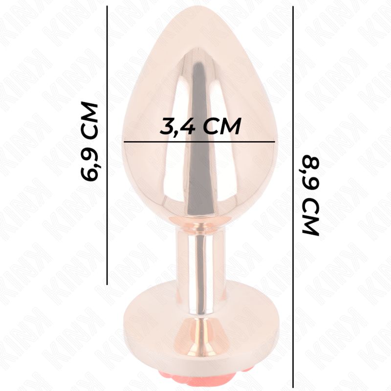 Plug anale con dimensioni: 8,9 cm lunghezza, 6,9 cm altezza, 3,4 cm larghezza. Oro rosa.