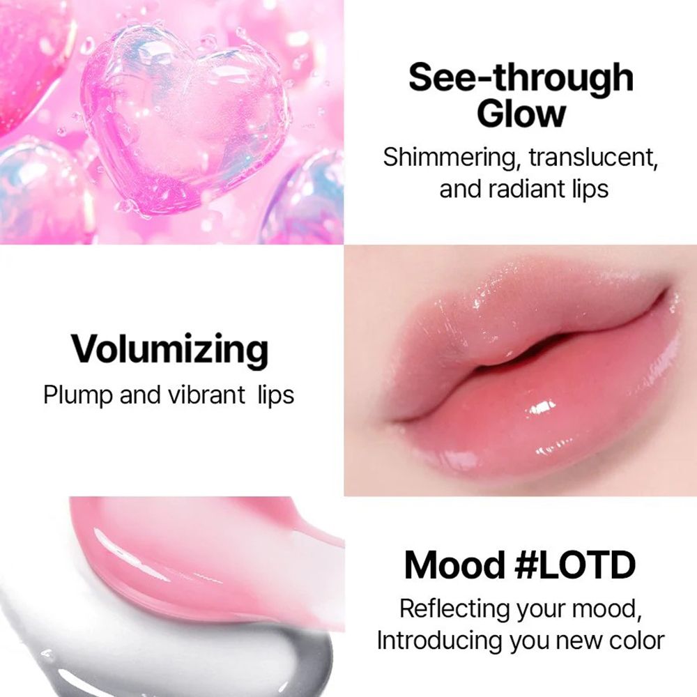 Collage con testo e labbra. Testo: See-through Glow, Volumizing, Mood #LOTD. Labbra di diversi colori.