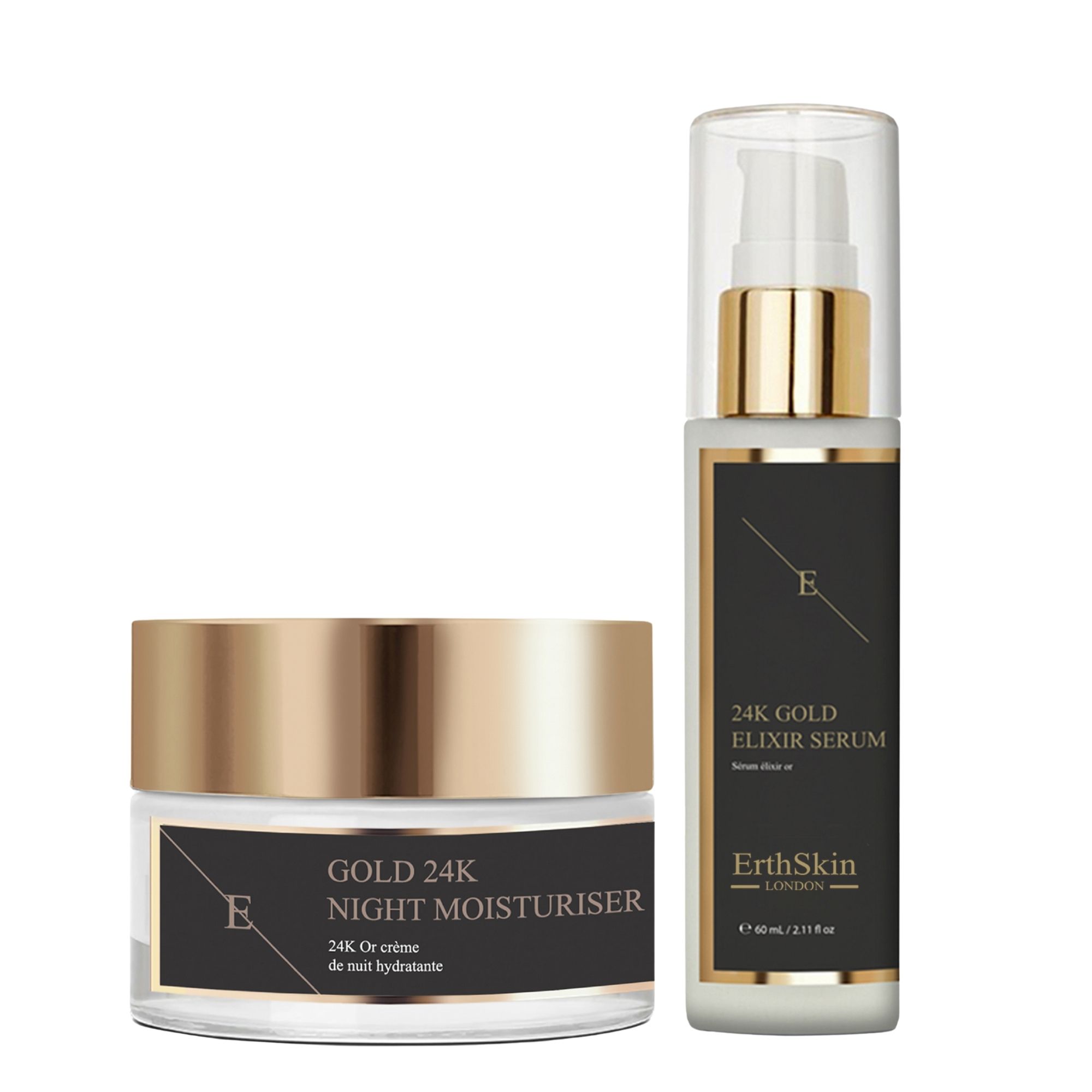 Due prodotti cosmetici dorati. Vaso e flacone. Scritte: GOLD 24K NIGHT MOISTURISER, 24K GOLD ELIXIR SERUM. Marchio: ErthSkin London.