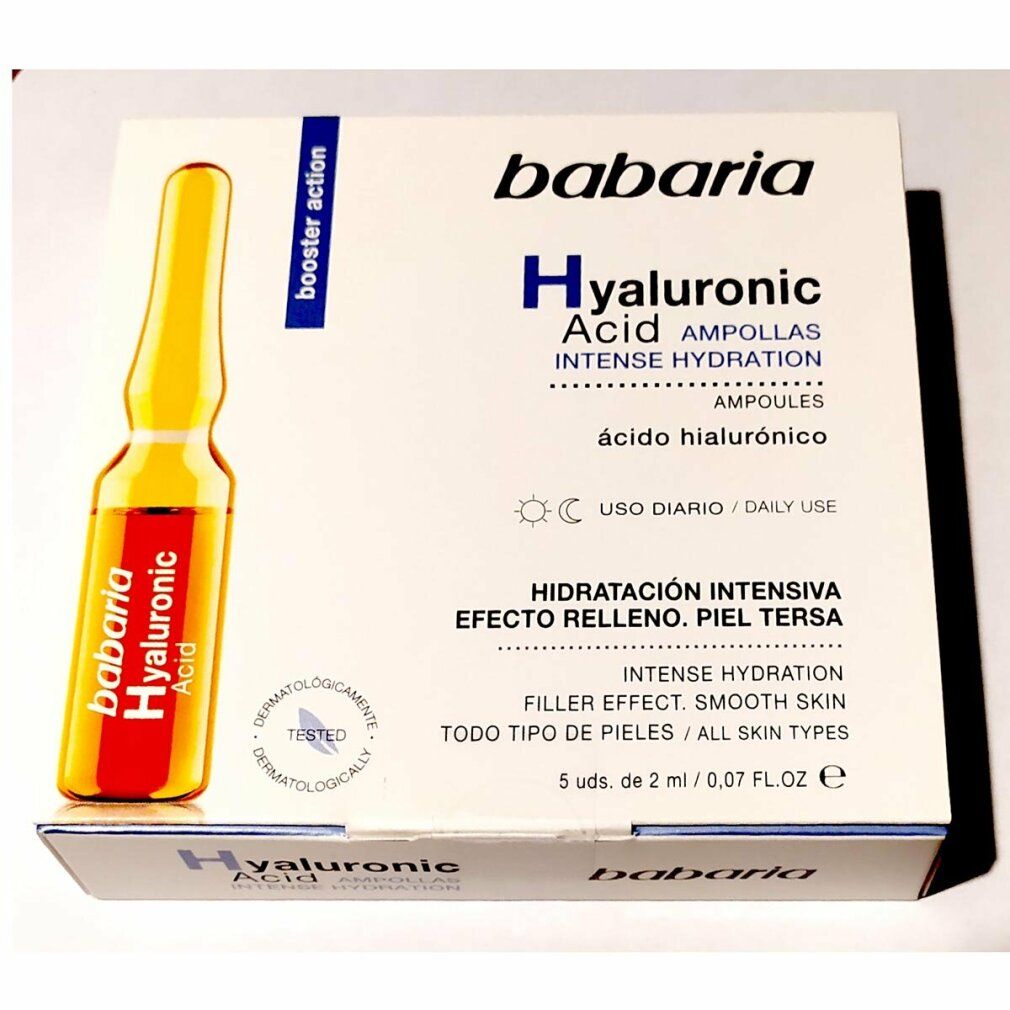 Confezione di Babaria Ampolle Acido Ialuronico. Un'ampolla visibile. Scritta: Hyaluronic Acid, Intense Hydration.