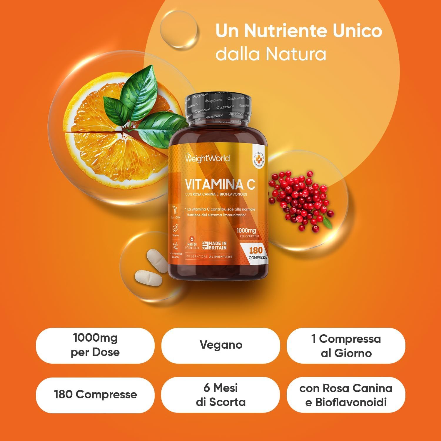 Flacone di vitamina C con arance e rosa canina. Scritta: WeightWorld, Vitamin C, 1000mg, 180 compresse. Vegano.