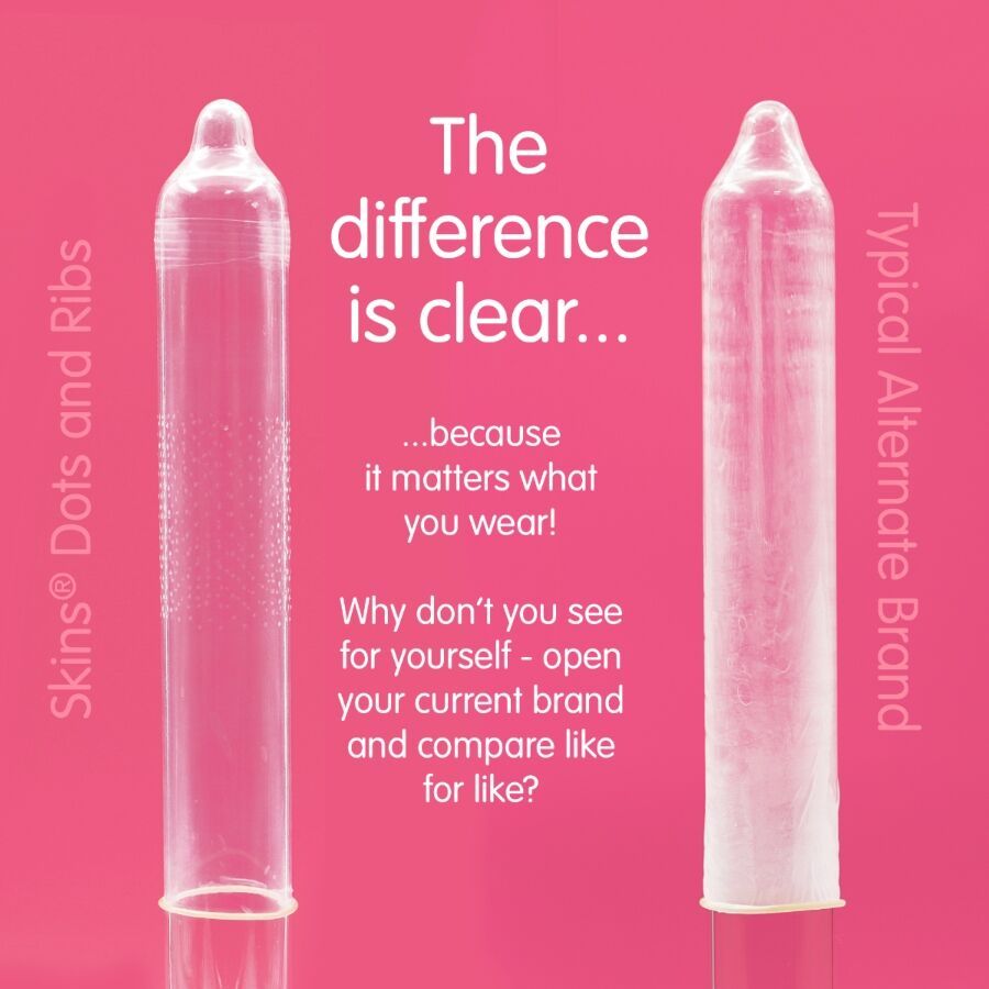 Due preservativi trasparenti affiancati. A sinistra: Skins Dots & Ribs. A destra: Marchio tipico. Testo: The difference is clear...