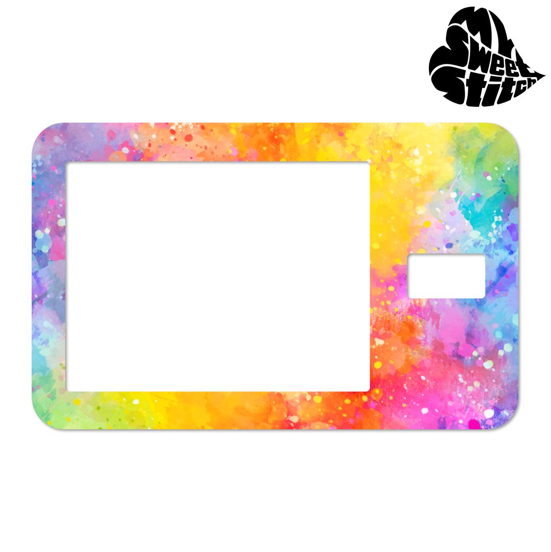 Adesivo rettangolare con schizzi colorati. Fori per schermo e pulsante. Logo MySweetStitch.