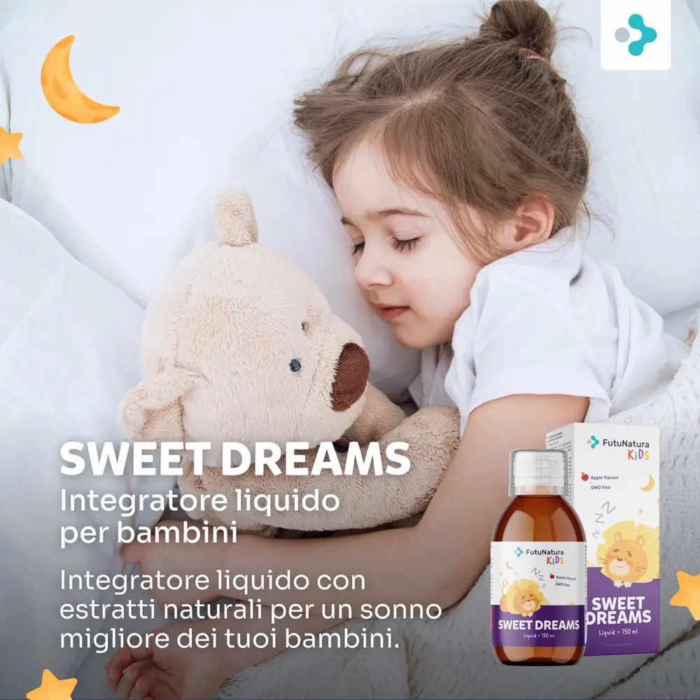 Bambina che dorme con orsacchiotto. Flacone e confezione Sweet Dreams. Testo: Integratore liquido per bambini.