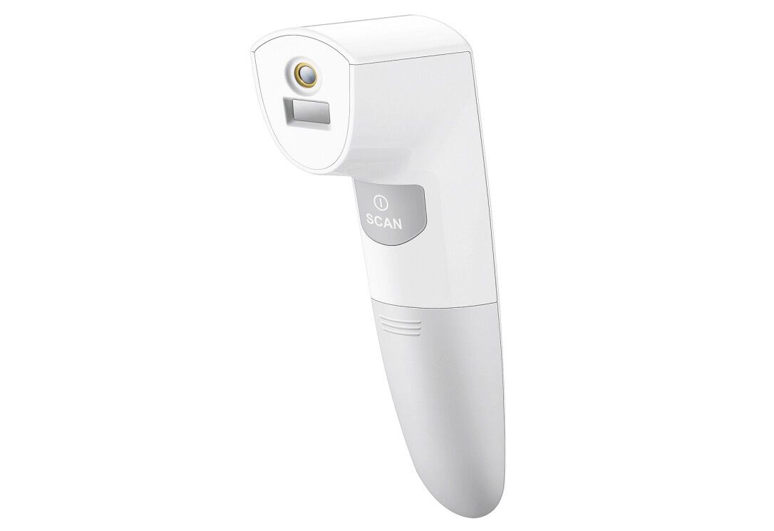 Termometro frontale bianco senza contatto. Pulsante grigio con "SCAN". Parte superiore con sensore.