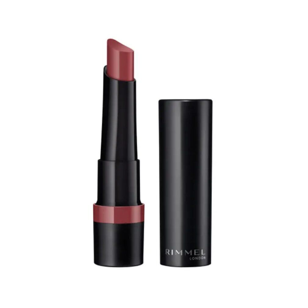 Rossetto rosa-marrone con cappuccio nero aperto. Il tubo nero riporta la scritta Rimmel London.