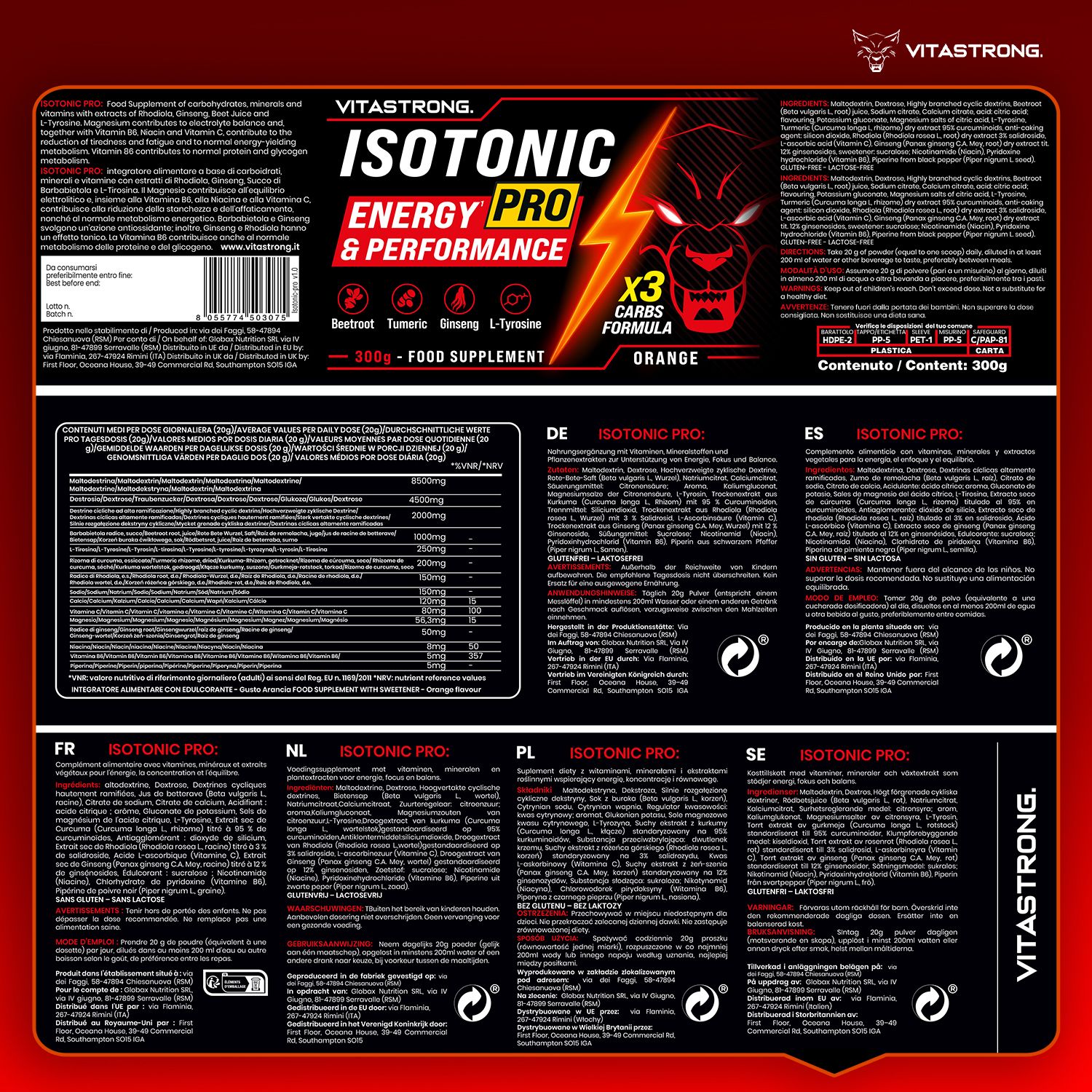 Confezione del prodotto con testo in diverse lingue. Logo. Informazioni nutrizionali. Sfondo nero.