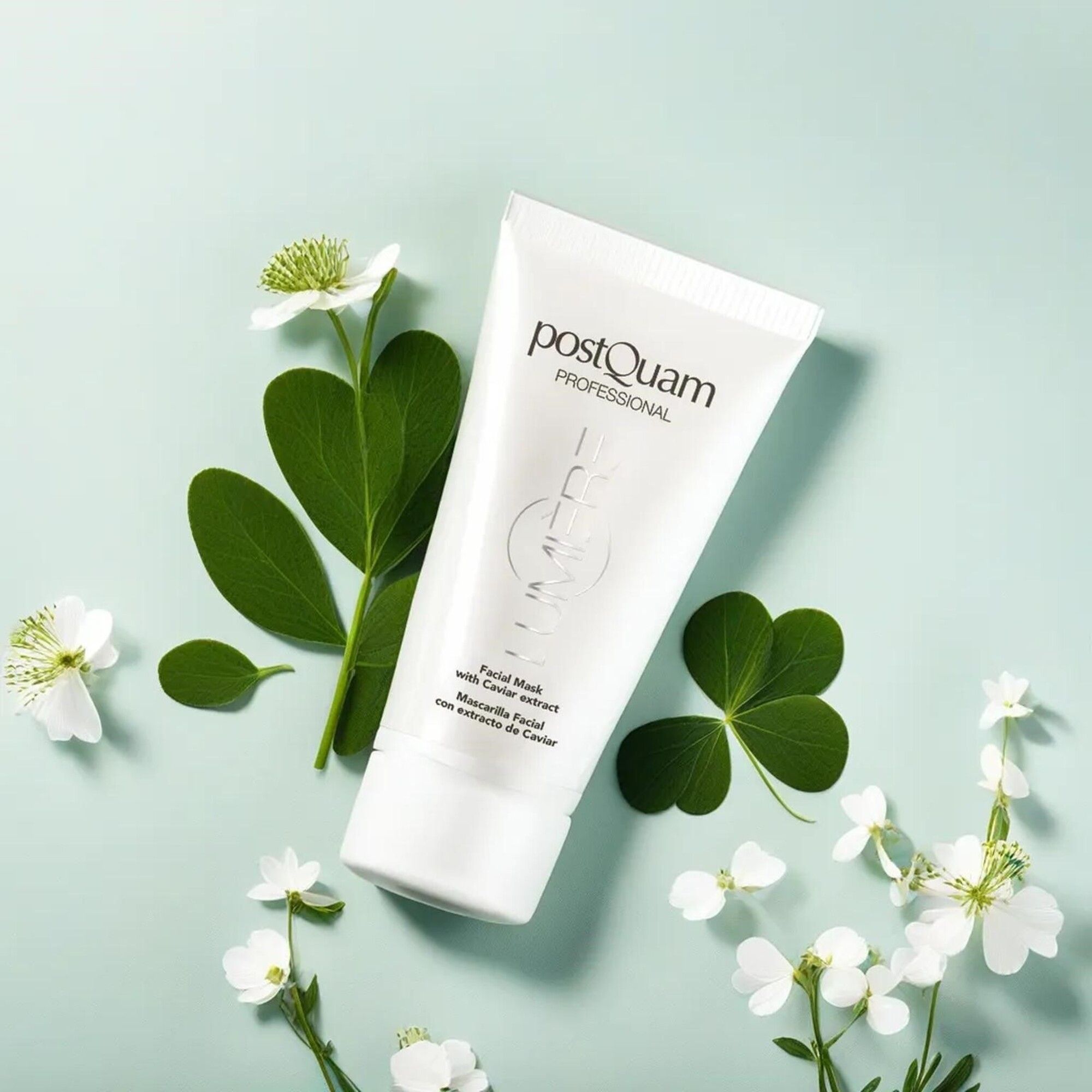 Tubo bianco su sfondo azzurro con foglie e fiori. Scritta: Postquam Professional, Lumière, Facial Mask with Caviar extract.