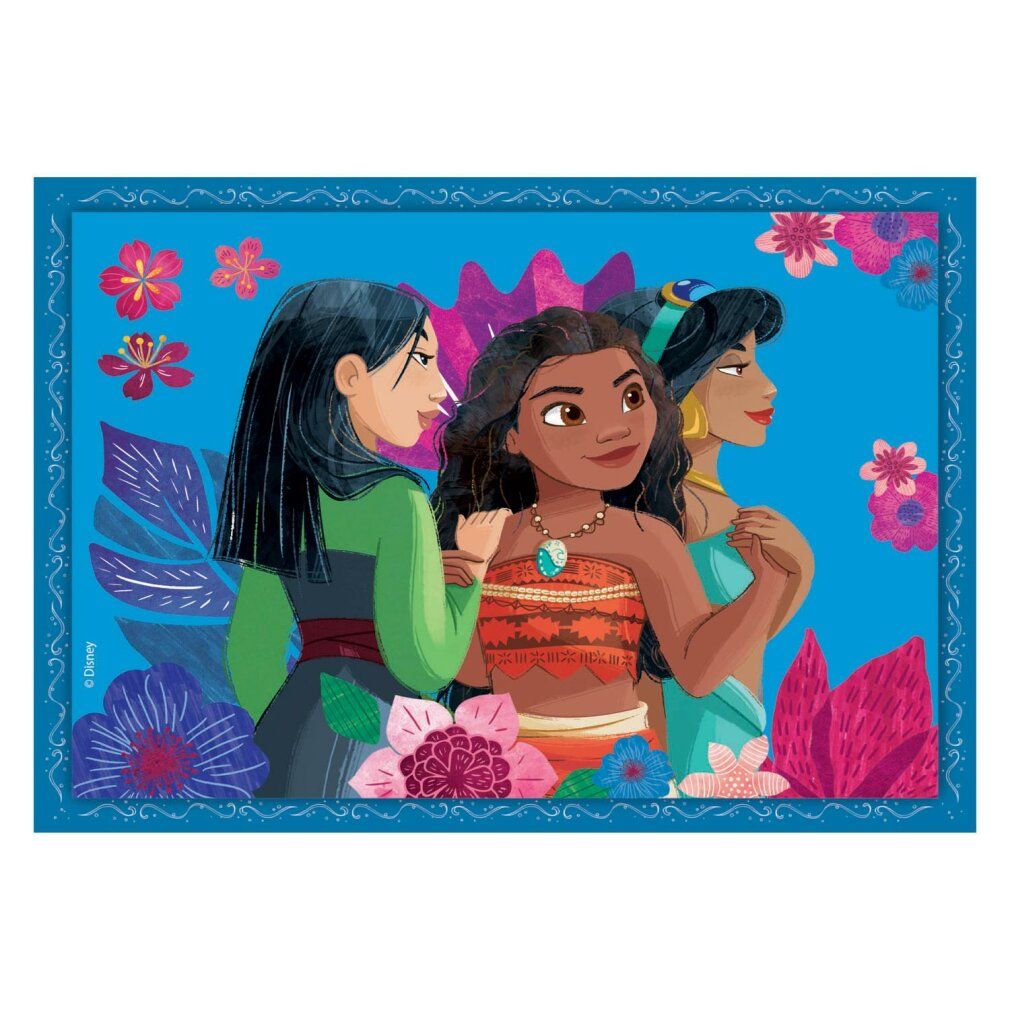 Puzzle con Mulan, Vaiana e Jasmine, principesse Disney. Circondato da fiori e cornice blu.