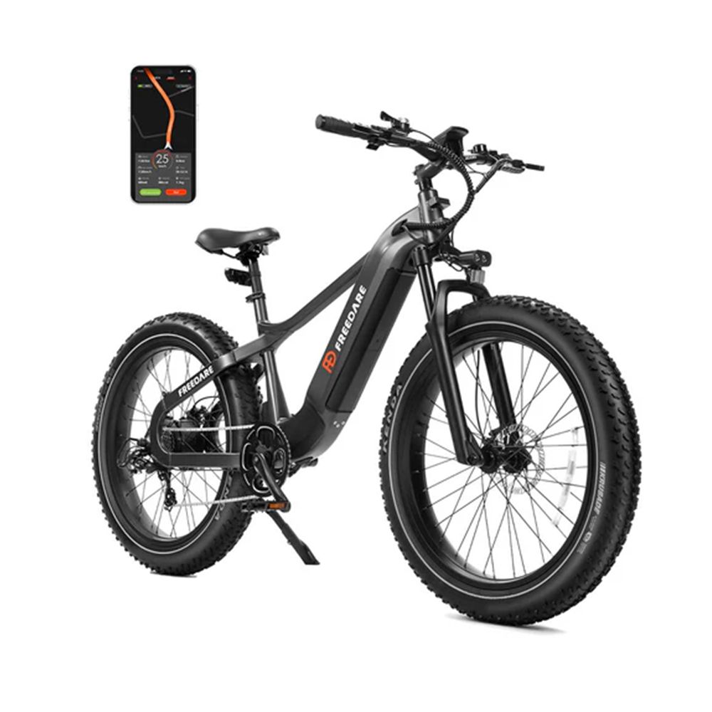 Bicicletta elettrica nera con display dell'app per smartphone. Logo FREEDARE visibile.