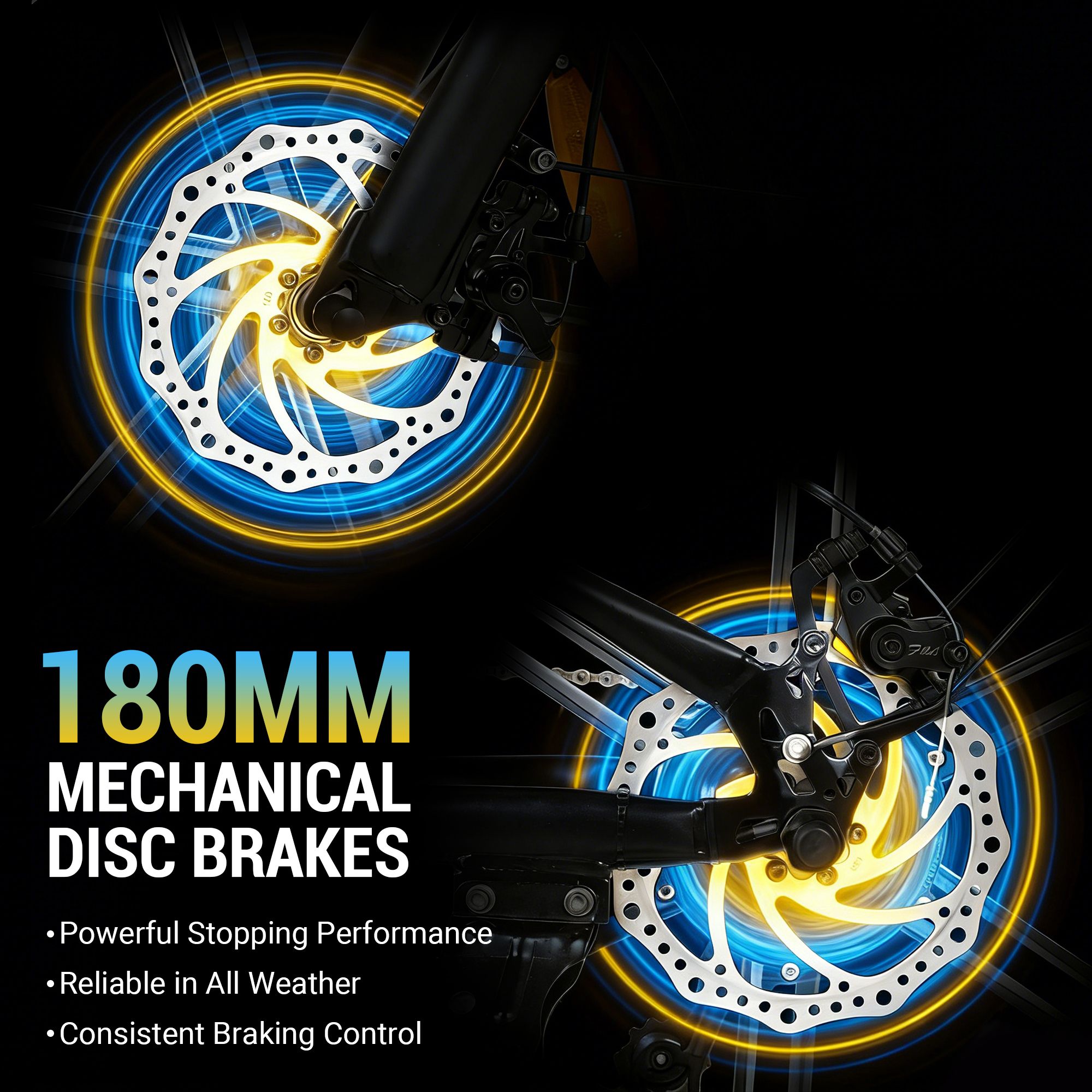 Primo piano dei freni a disco con testo: 180MM MECHANICAL DISC BRAKES. Illuminazione giallo-blu.