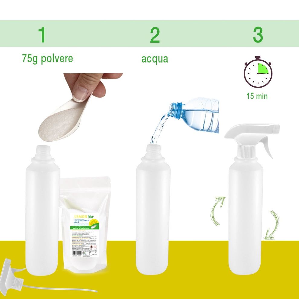 Istruzioni per l'uso di LEMON BIO. Fase 1: 75g di polvere. Fase 2: acqua. Fase 3: 15 minuti.