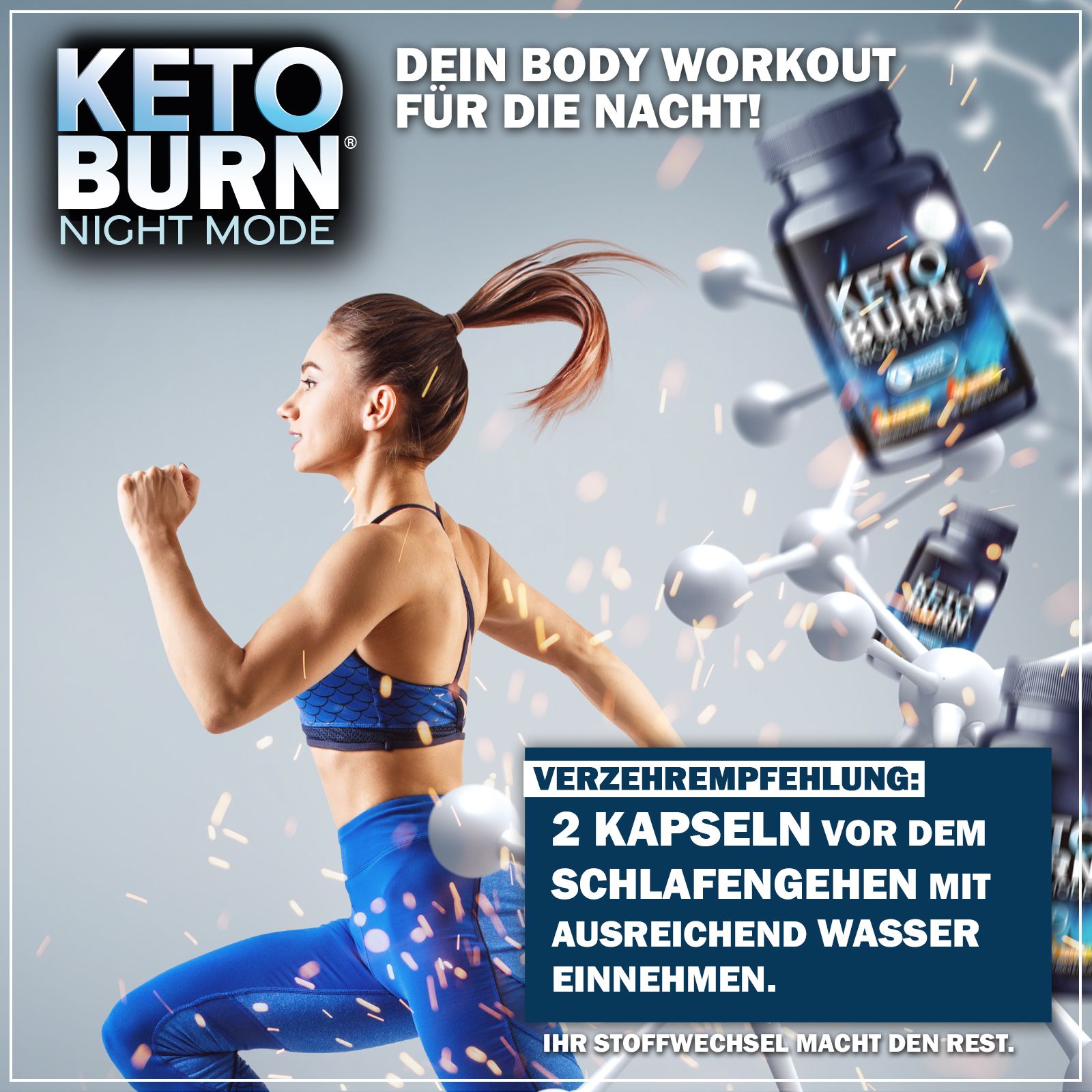 Donna che corre. Pubblicità Keto Burn Night Mode. Testo: Il tuo allenamento notturno! 2 capsule prima di dormire.