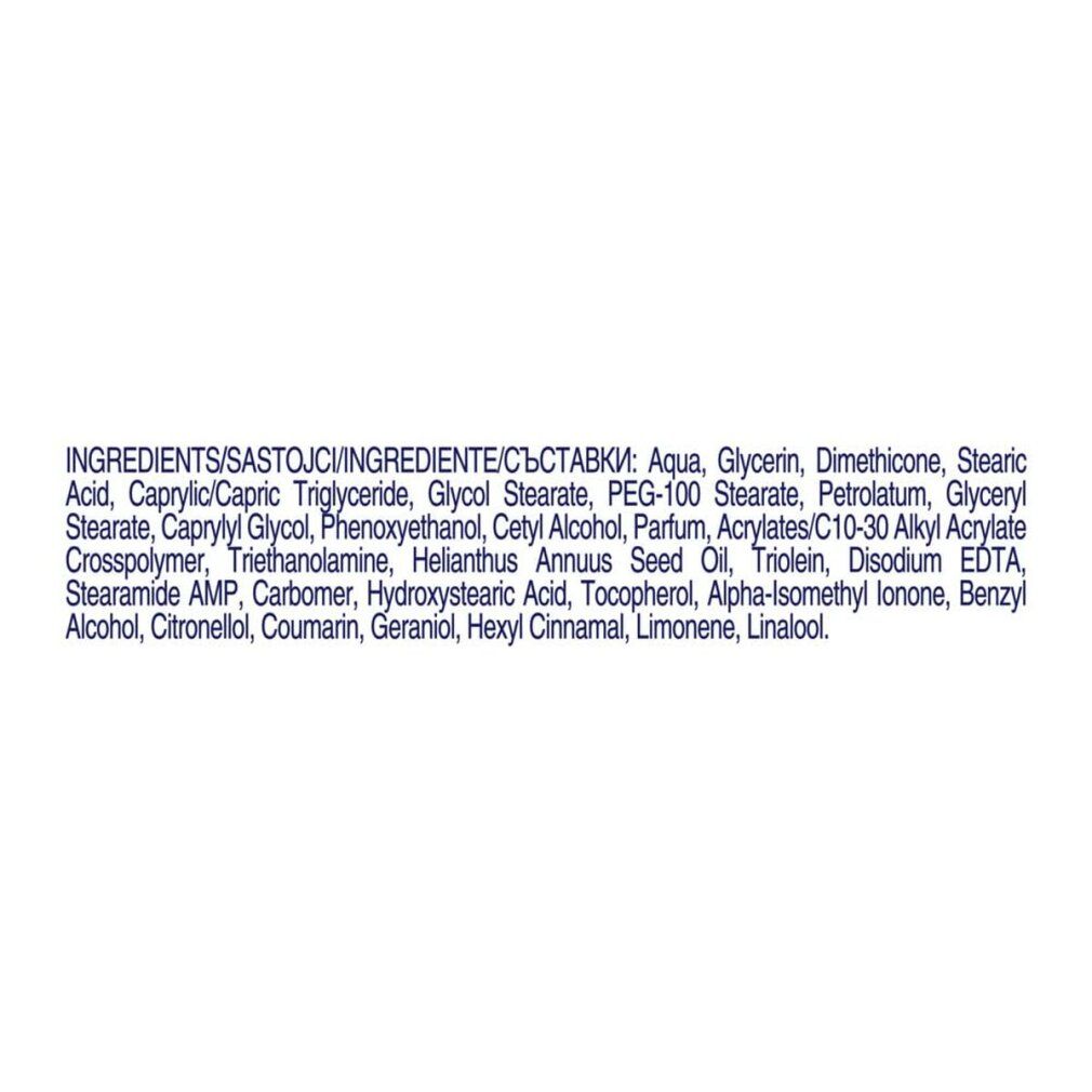 Testo su sfondo bianco. Elenco degli ingredienti di Dove Hand Cream. Contiene Aqua, Glicerina, Dimeticone, Acido Stearico, ecc.