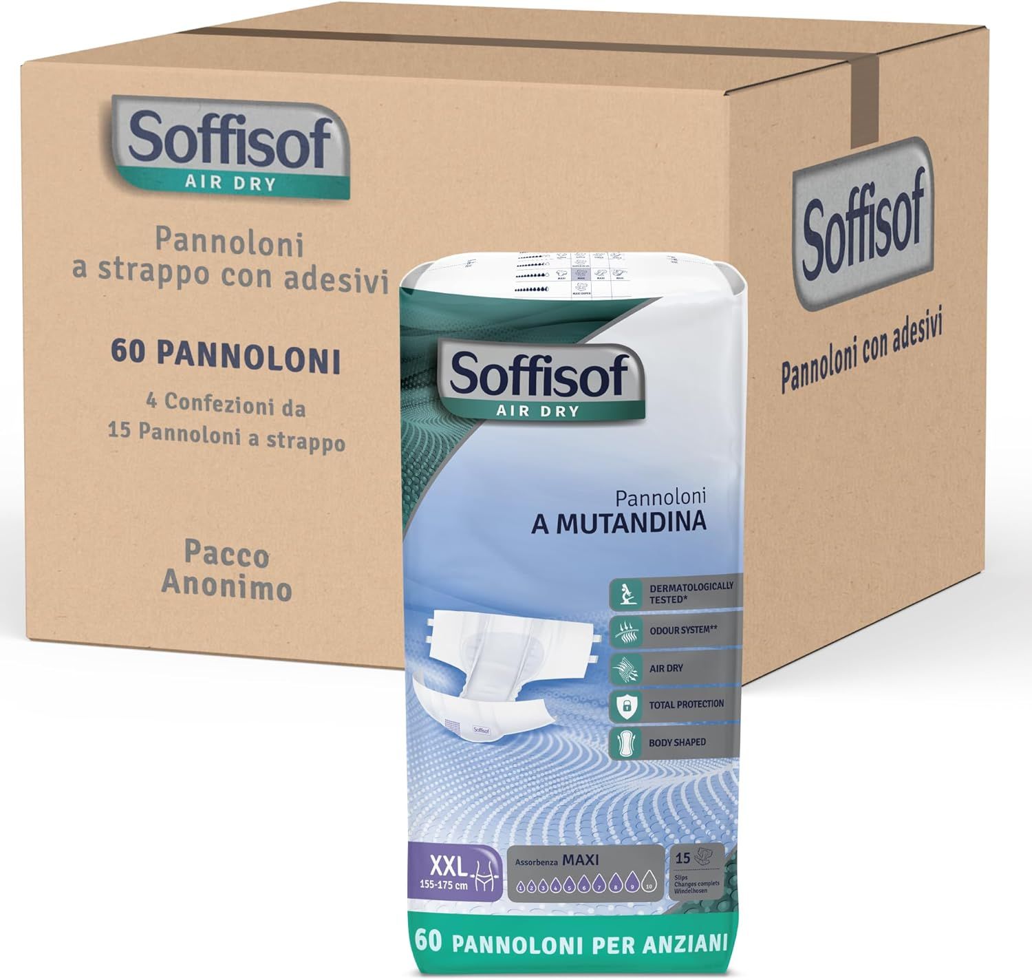 Soffisof Air Dry Maxi per adulti. Confezione da 60 pezzi. Scatola con pacchi.
