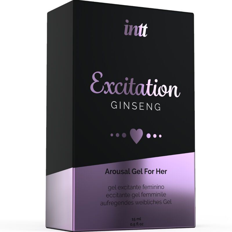 Confezione nera. Scritta: intt Excitation Ginseng. Nome del prodotto e simbolo del cuore. Testo: Arousal Gel For Her. Accento viola.