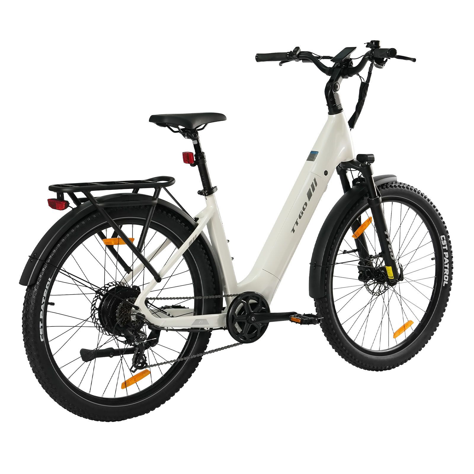 Bicicletta elettrica bianca con pneumatici neri. Portapacchi, parafanghi e freni a disco idraulici. Dettagli neri.